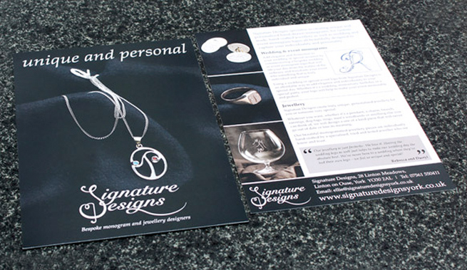 A5 double sided full colour leaflets we designed and printed for signature designs York
