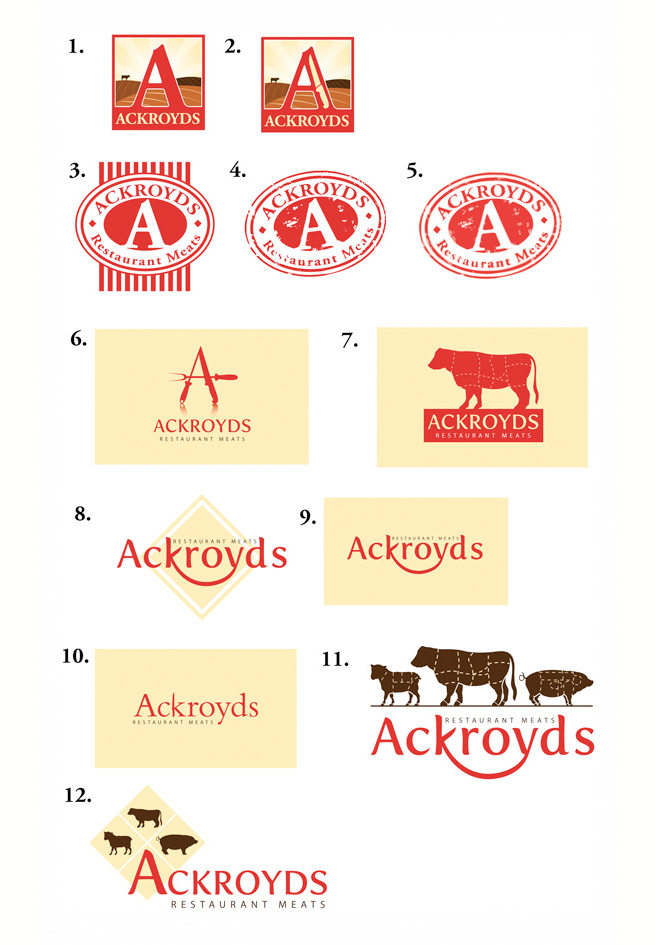 The initial logo design concepts for Ackroyds